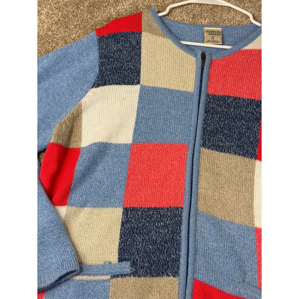 VTG Allison Daley Womens 1X Sweater Patchwork Cardigan Colorblock Knit Grandma
